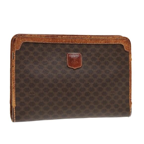 CELINE Macadam Canvas Clutch Bag Pvc Leather Brown Gold - Picture 1 of 16